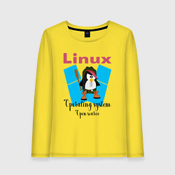 Лонгслив хлопковый женский Пингвин линукс в шляпе, цвет: желтый