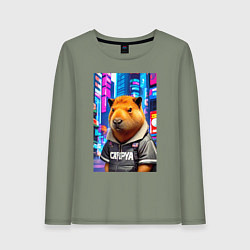 Лонгслив хлопковый женский Cool capybara - urban style - neural network, цвет: авокадо