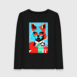 Лонгслив хлопковый женский Морда лисы - поп-арт - нейросеть, цвет: черный