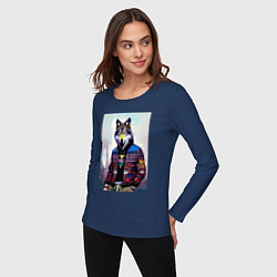 Лонгслив хлопковый женский Модный волчара - житель Нью-Йорка - нейросеть, цвет: тёмно-синий — фото 2