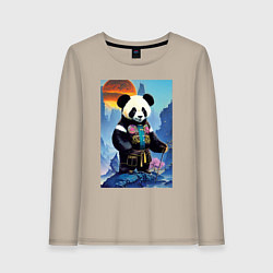 Лонгслив хлопковый женский Панда на берегу озера - нейросеть, цвет: миндальный
