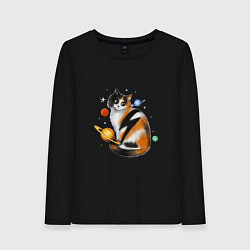 Лонгслив хлопковый женский Космическая кошка с планетами и молнией, цвет: черный