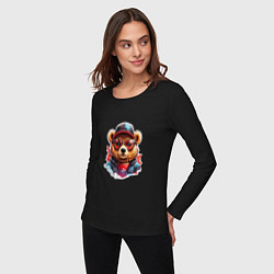 Лонгслив хлопковый женский Модный медведь в кепке и в очках, цвет: черный — фото 2