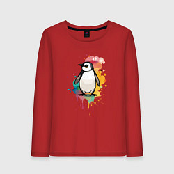 Лонгслив хлопковый женский Красочный пингвин, цвет: красный