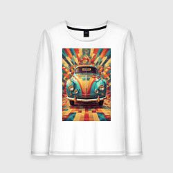 Лонгслив хлопковый женский Ретро машина в ярких цветах, цвет: белый