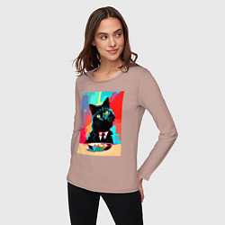Лонгслив хлопковый женский Чёрный котик джентльмен - нейросеть, цвет: пыльно-розовый — фото 2