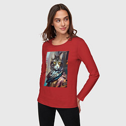 Лонгслив хлопковый женский Городской котяра - модник, цвет: красный — фото 2