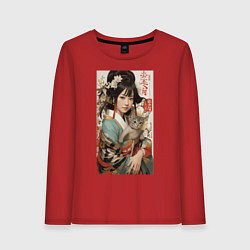 Лонгслив хлопковый женский Японская девочка в кимоно с котенком, цвет: красный