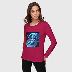 Лонгслив хлопковый женский Голубой котик космонавт с коктейлем, цвет: маджента — фото 2