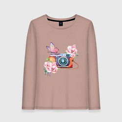 Лонгслив хлопковый женский Фотоаппарат в цветах и бабочки, цвет: пыльно-розовый