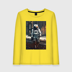 Лонгслив хлопковый женский Медведь-космонавт на похожей планете - нейросеть, цвет: желтый