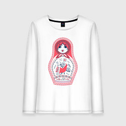 Лонгслив хлопковый женский Матрешка красно черная с птицей петух, цвет: белый