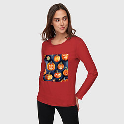 Лонгслив хлопковый женский Хэллоуинские тыквы акварель, цвет: красный — фото 2