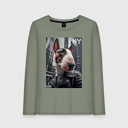 Лонгслив хлопковый женский Dude bull terrier in New York - ai art, цвет: авокадо