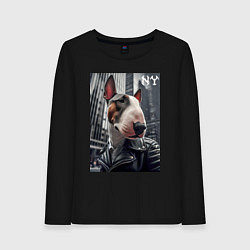 Лонгслив хлопковый женский Dude bull terrier in New York - ai art, цвет: черный