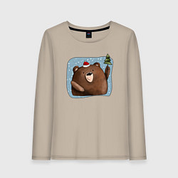 Лонгслив хлопковый женский Медведь и елка, цвет: миндальный