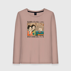 Лонгслив хлопковый женский Японки и кот мем, цвет: пыльно-розовый
