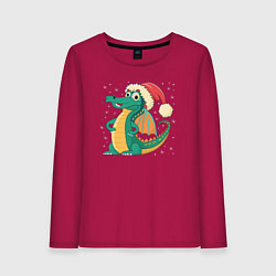 Лонгслив хлопковый женский Милый дракончик в новогодней шапке, цвет: маджента
