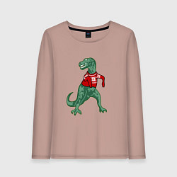 Лонгслив хлопковый женский Динозавр в новогоднем свитере, цвет: пыльно-розовый