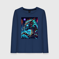 Лонгслив хлопковый женский Cyber dragon - ai art neon, цвет: тёмно-синий
