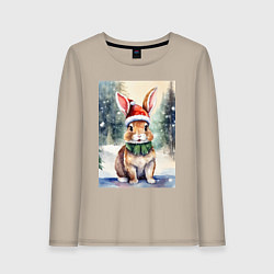 Лонгслив хлопковый женский Счастливый кролик в рождественской шапке, цвет: миндальный