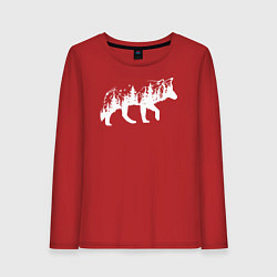 Лонгслив хлопковый женский Силуэт тайги в волке, цвет: красный