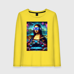 Лонгслив хлопковый женский Mona Lisa is an avid gamer - cyberpunk, цвет: желтый