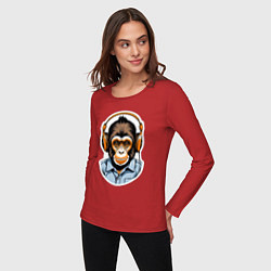 Лонгслив хлопковый женский Портрет обезьяны в наушниках, цвет: красный — фото 2