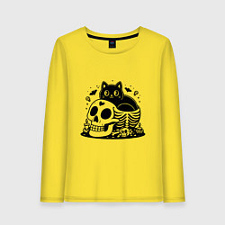 Лонгслив хлопковый женский Мультяшный черный кот сидит в черепе, цвет: желтый