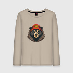 Лонгслив хлопковый женский Русский медведь в шапке с гербом, цвет: миндальный