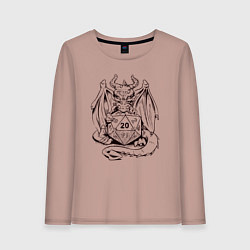 Лонгслив хлопковый женский Дракончик обнимает игральную кость, цвет: пыльно-розовый
