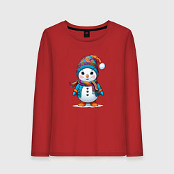 Лонгслив хлопковый женский Снеговик в шапочке и с шарфом, цвет: красный
