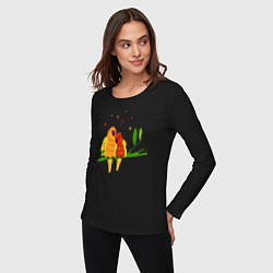 Лонгслив хлопковый женский Пара влюбленных попугаев на ветке, цвет: черный — фото 2