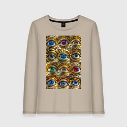 Лонгслив хлопковый женский Глаза разноцветные из золота в стиле стимпанк, цвет: миндальный