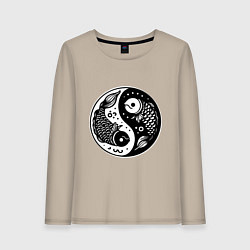 Лонгслив хлопковый женский Две рыбы символ инь янь, цвет: миндальный