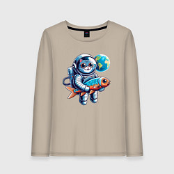 Женский лонгслив Котик космонавт с рыбой - нейросеть