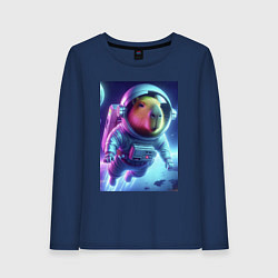 Лонгслив хлопковый женский Полёт капибары в космосе - неон, цвет: тёмно-синий
