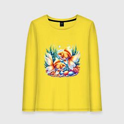 Лонгслив хлопковый женский Золотые рыбки в подводном мире, цвет: желтый