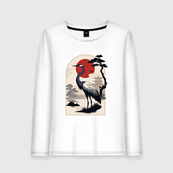 Лонгслив хлопковый женский Журавль в японском стиле, цвет: белый