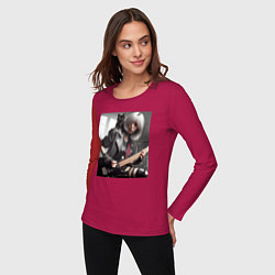 Лонгслив хлопковый женский Девчонка рок гитарист с чёрным котом, цвет: маджента — фото 2