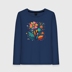 Лонгслив хлопковый женский Яркий цветок, веточки и листья, цвет: тёмно-синий
