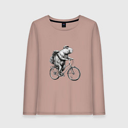 Лонгслив хлопковый женский Капибара на велосипеде в черном цвете, цвет: пыльно-розовый