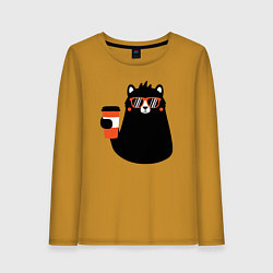 Лонгслив хлопковый женский Мишка с напитком, цвет: горчичный