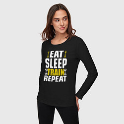 Лонгслив хлопковый женский Eat sleep train, цвет: черный — фото 2