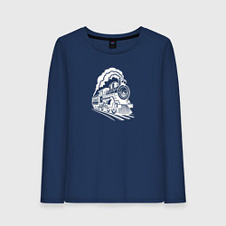 Лонгслив хлопковый женский Иллюстрация парового локомотива, цвет: тёмно-синий