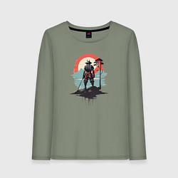 Лонгслив хлопковый женский Силуэт самурая на закате, цвет: авокадо