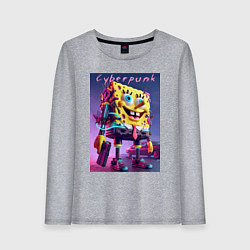 Лонгслив хлопковый женский Sponge Bob with a pistol - cyberpunk ai art, цвет: меланж