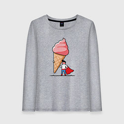 Лонгслив хлопковый женский Забавный супермен держит огромный рожок мороженого, цвет: меланж