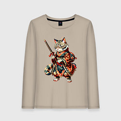 Лонгслив хлопковый женский Кот ниндзя - японский воин, цвет: миндальный