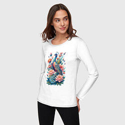 Лонгслив хлопковый женский Павлин среди цветов, цвет: белый — фото 2